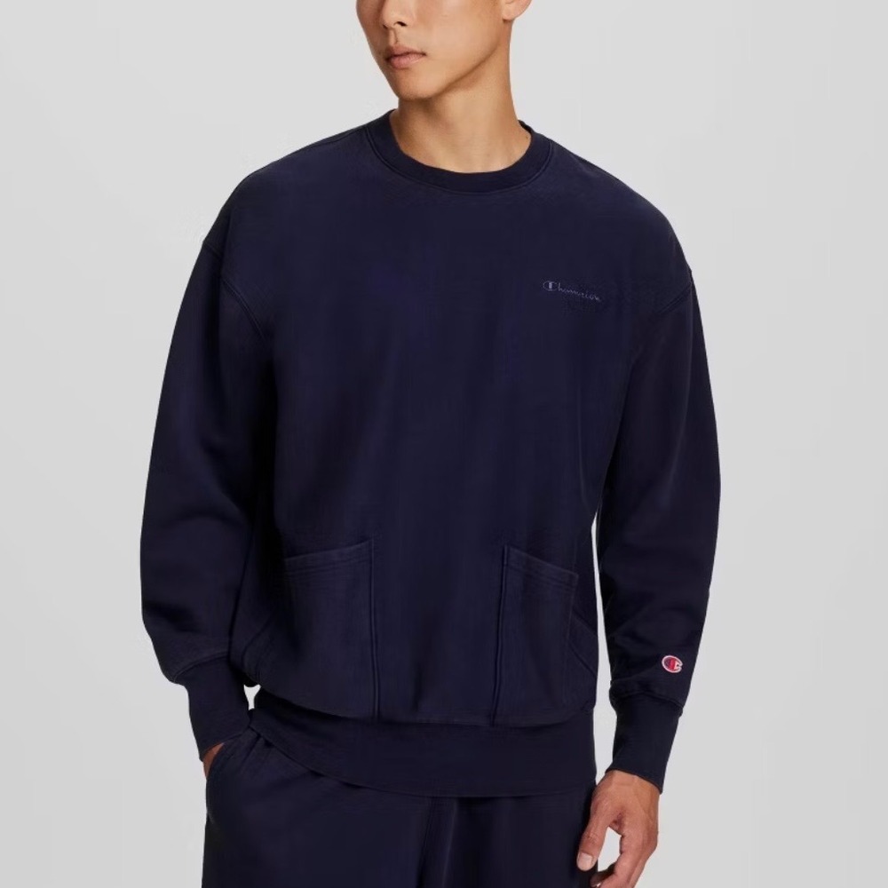 Champion Navy Fleece Pullover Crewneck Sweatshirt Sweater Patch Pockets Men's L